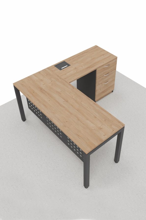 ESCRITORIO EN L CON LATERAL. SERIE BENCH. FALDON METALICO. INCLUYE CAJONERA FIJA CF-2C1K.