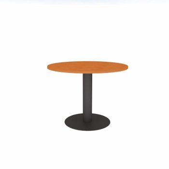 Mesa de reuniones circular con pedestal metálico y disco base en acero