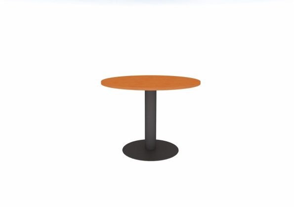 Mesa de reuniones circular con pedestal metálico y disco base en acero