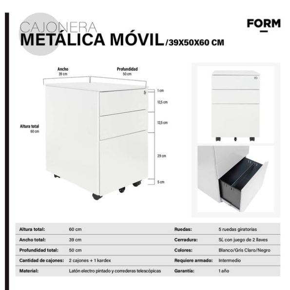 Cajonera Metálica Móvil 39x50x60 cm Blanco - Imagen 2